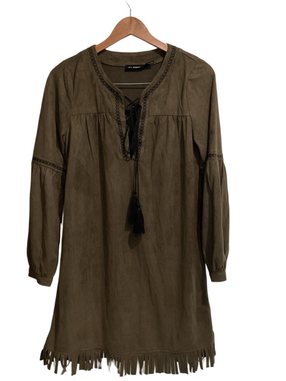 Blue Pepper Faux Suede‎ Mini Dress Long Sleeve Lace Up Brown